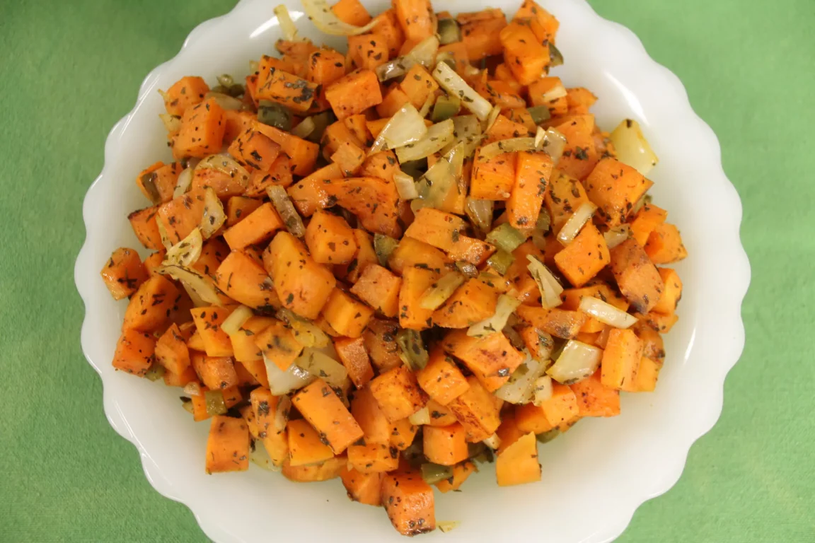 Chopped sweet potatoes with onions.