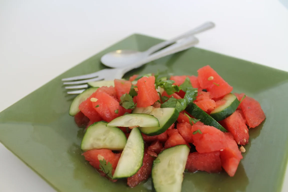 Watermelon salad topped with mint
