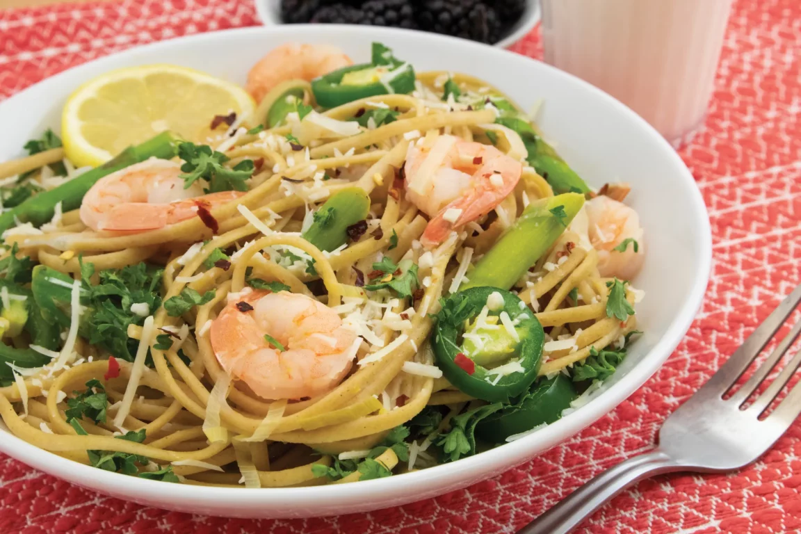 Spicy shrimp linguine with asparagus plated 