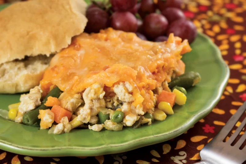 Sheperd's pie with chicken peas carrots and sweet potato