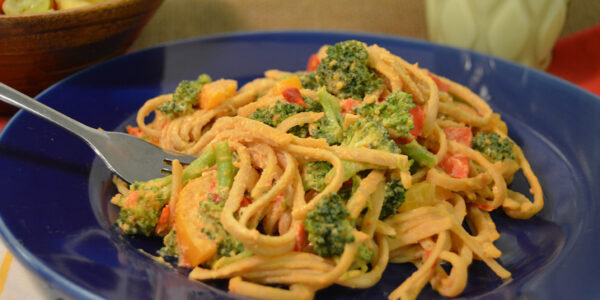 Bowl of sunshine hummus pasta.