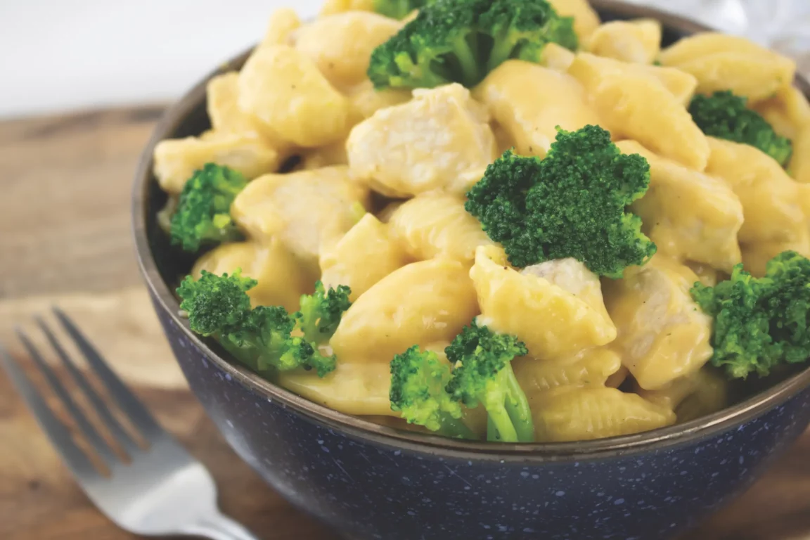 Chicken and broccoli in a bowl with shell pasta and cheese.
