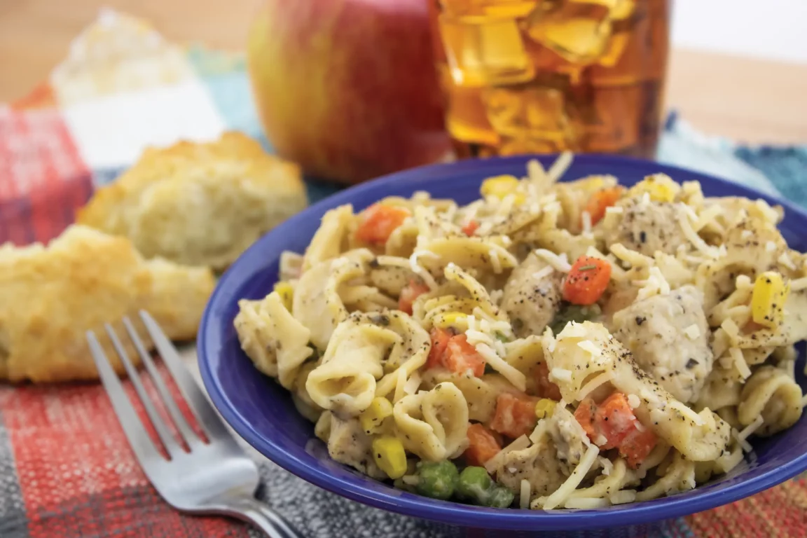 Bowl of chicken pot pie pasta served with biscuits and an apple.