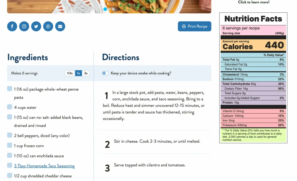 example of where to find nutrition label on ChooseHomemade website.